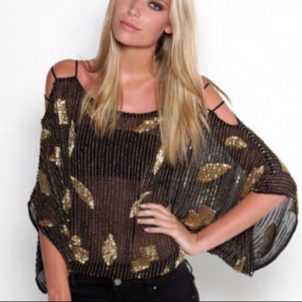 NWOT Karina Grimaldi Beaded Cold Shoulder Silk Top